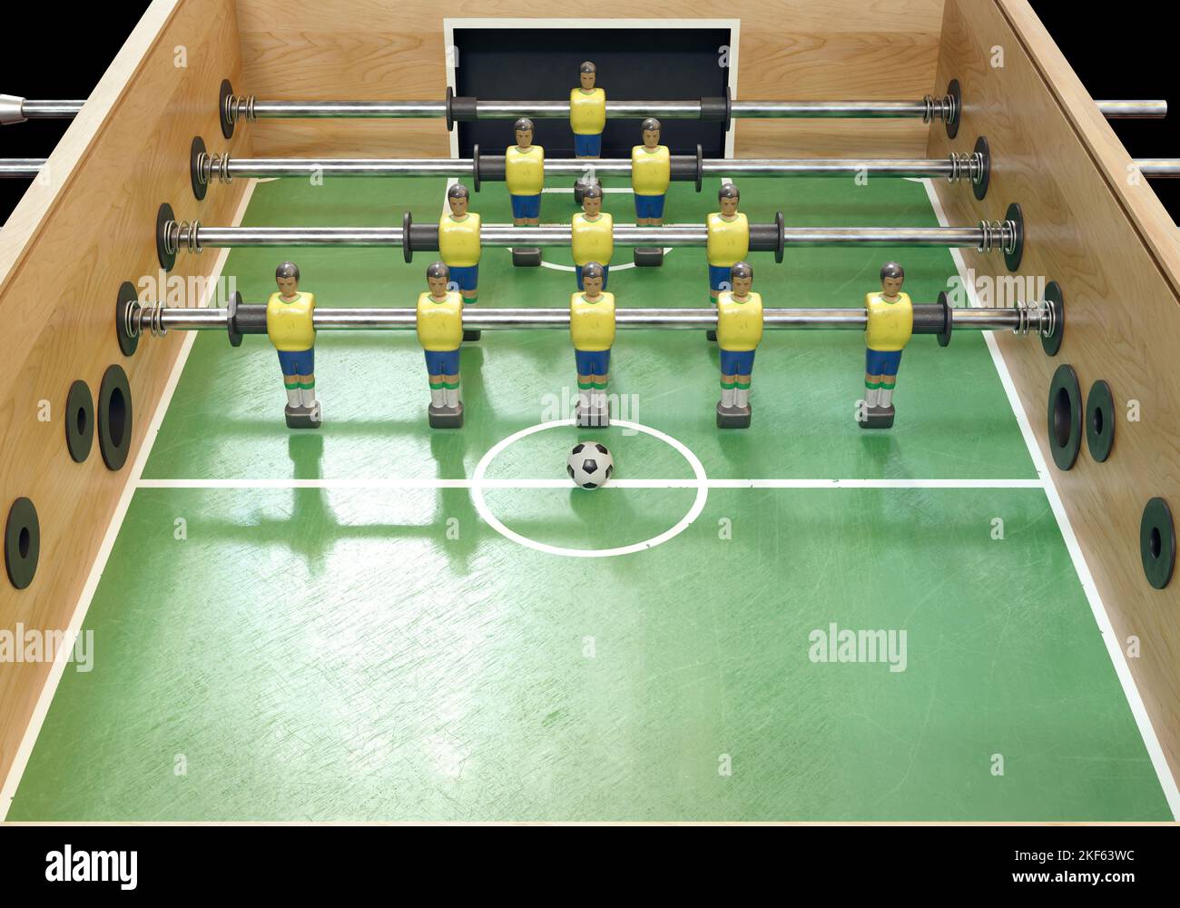 Un lato di un calcio d'epoca o di un tavolo da calcio con figure in metallo indossate in stile kit che assomigliano alla nazionale brasiliana - rendering 3D Foto Stock