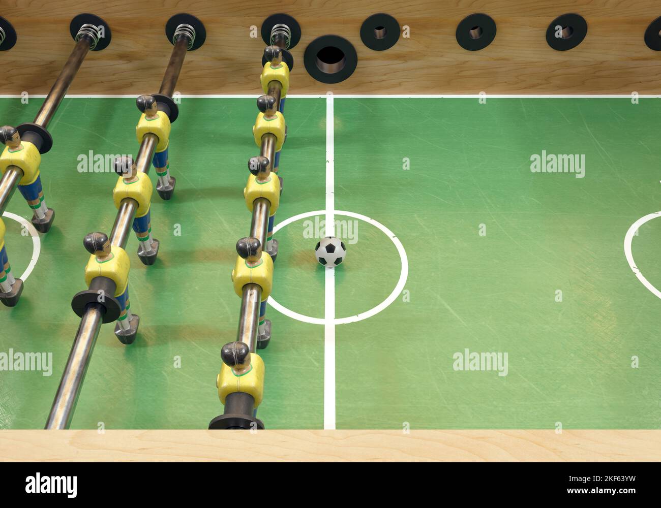 Un lato di un calcio d'epoca o di un tavolo da calcio con figure in metallo indossate in stile kit che assomigliano alla nazionale brasiliana - rendering 3D Foto Stock