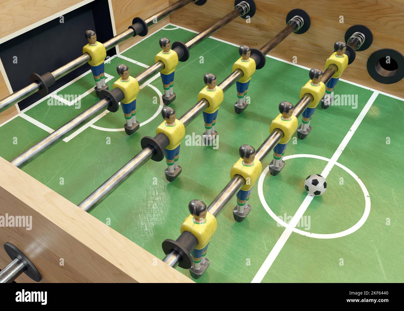 Un lato di un calcio d'epoca o di un tavolo da calcio con figure in metallo indossate in stile kit che assomigliano alla nazionale brasiliana - rendering 3D Foto Stock
