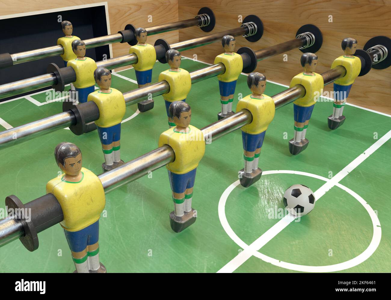 Un lato di un calcio d'epoca o di un tavolo da calcio con figure in metallo indossate in stile kit che assomigliano alla nazionale brasiliana - rendering 3D Foto Stock