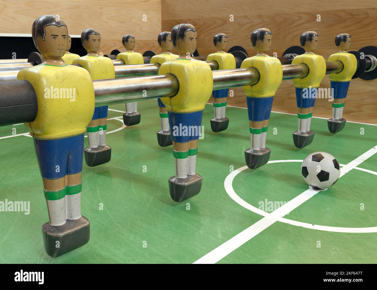 Un lato di un calcio d'epoca o di un tavolo da calcio con figure in metallo indossate in stile kit che assomigliano alla nazionale brasiliana - rendering 3D Foto Stock