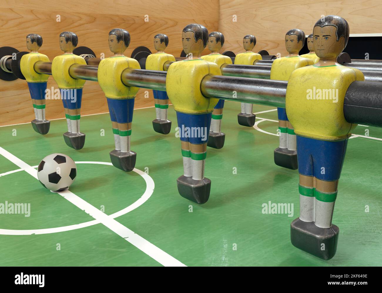 Un lato di un calcio d'epoca o di un tavolo da calcio con figure in metallo indossate in stile kit che assomigliano alla nazionale brasiliana - rendering 3D Foto Stock