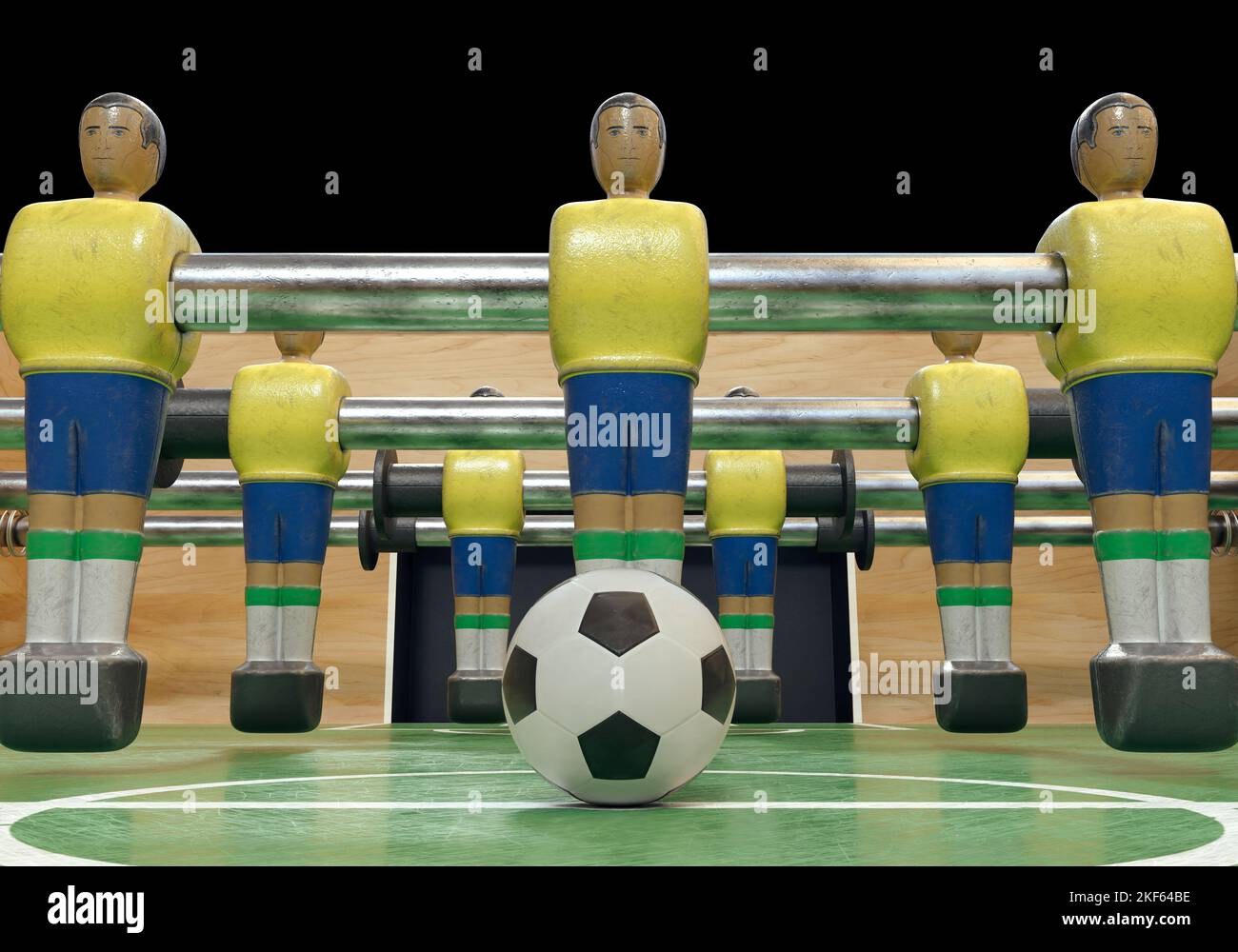 Un lato di un calcio d'epoca o di un tavolo da calcio con figure in metallo indossate in stile kit che assomigliano alla nazionale brasiliana - rendering 3D Foto Stock