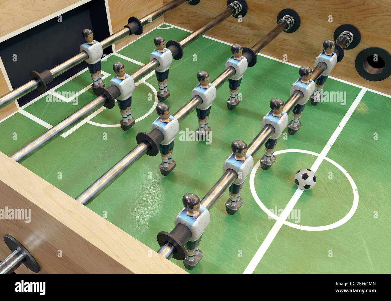 Un lato di un calcio d'epoca o di un tavolo da calcio da tavolo con figure in metallo indossate in stile kit che assomigliano alla nazionale inglese - rendering 3D Foto Stock