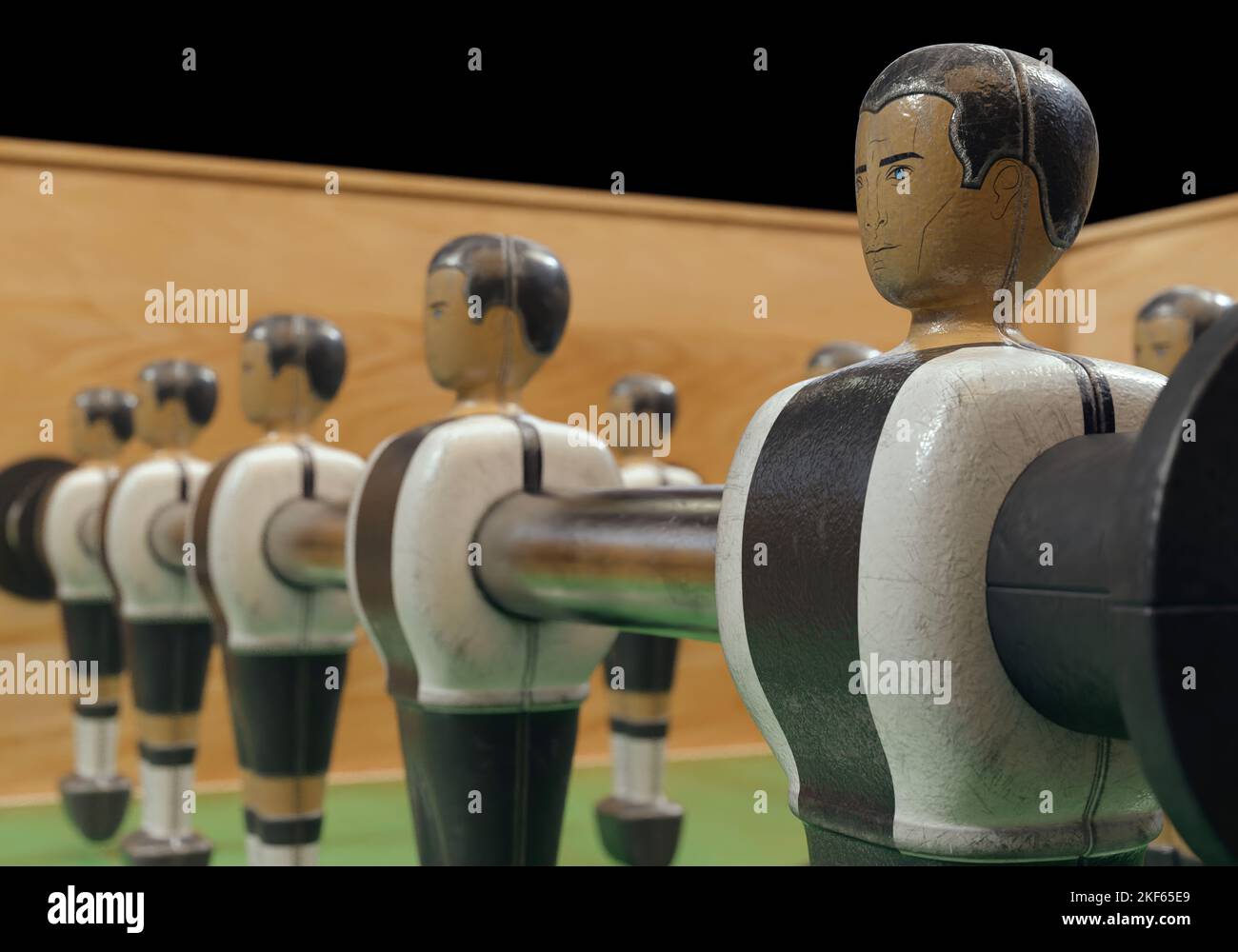 Un lato di un football vintage o tavolo da calcio con personaggi in metallo indossati in kit che assomigliano alla nazionale tedesca - rendering 3D Foto Stock