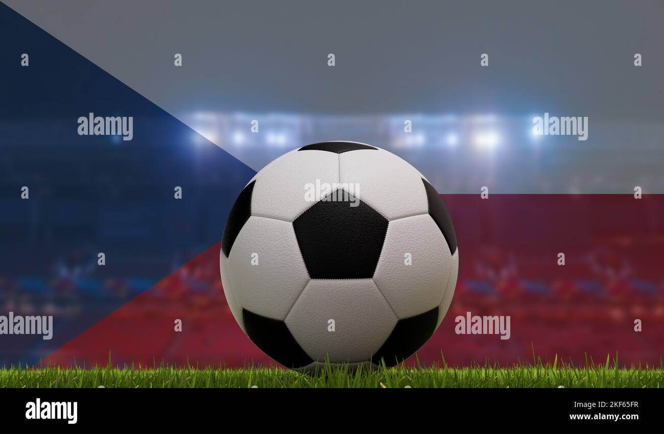 Pallone da calcio su un campo d'erba di fronte alle luci dello stadio e alla bandiera della repubblica ceca. Rendering 3D Foto Stock