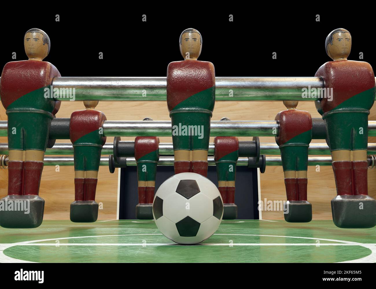 Un lato di un calcio d'epoca o di un tavolo da calcio da tavolo con figure in metallo indossate in stile kit che assomigliano alla nazionale portoghese - rendering 3D Foto Stock
