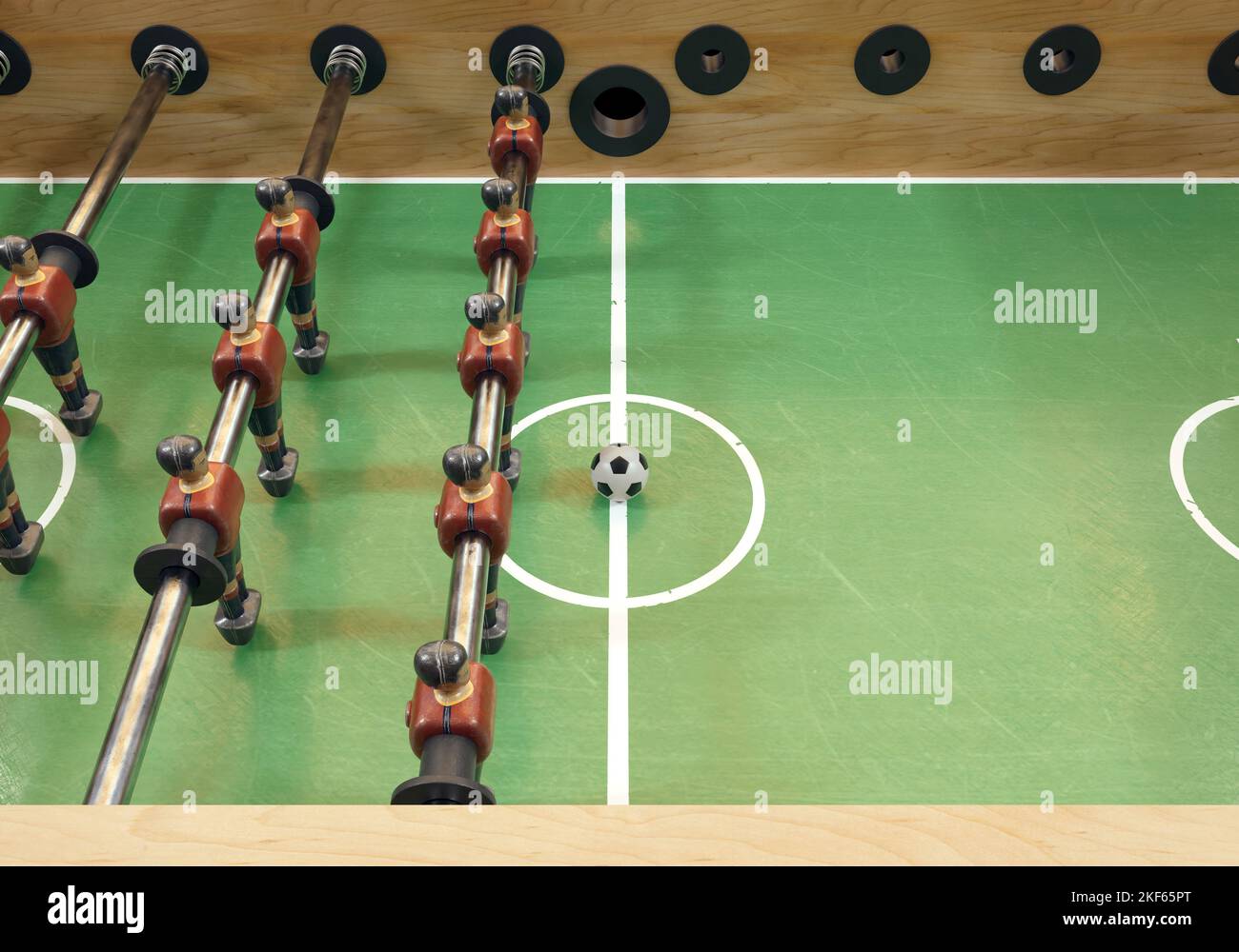 Un lato di un football vintage o tavolo da calcio con personaggi in metallo indossati in kit che assomigliano alla nazionale spagnola - rendering 3D Foto Stock