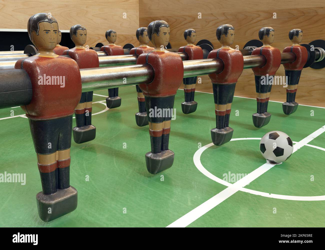 Un lato di un football vintage o tavolo da calcio con personaggi in metallo indossati in kit che assomigliano alla nazionale spagnola - rendering 3D Foto Stock