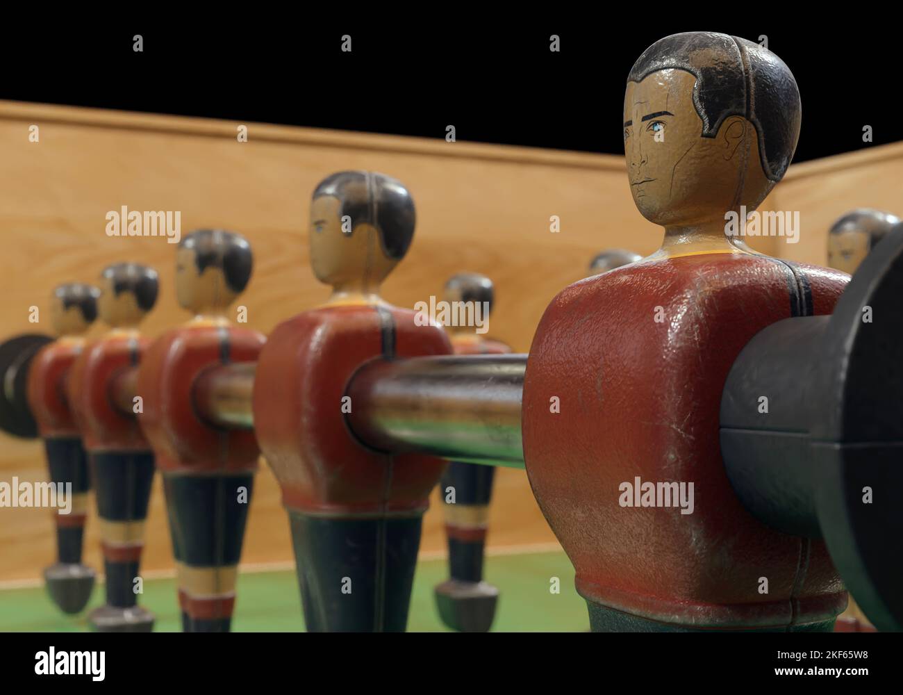Un lato di un football vintage o tavolo da calcio con personaggi in metallo indossati in kit che assomigliano alla nazionale spagnola - rendering 3D Foto Stock