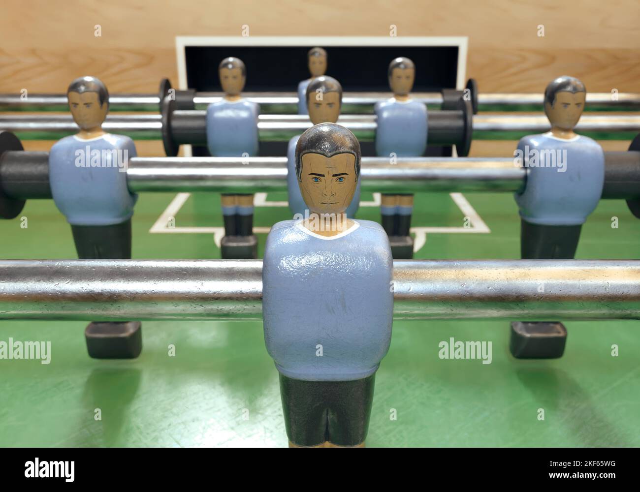 Un lato di un calcio d'epoca o di un tavolo da calcio da tavolo con figure in metallo indossate in stile kit che assomigliano alla nazionale dell'Uruguay - rendering 3D Foto Stock