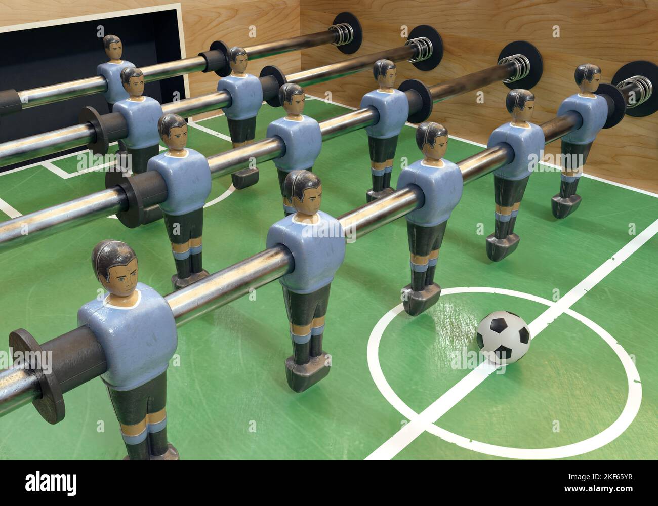 Un lato di un calcio d'epoca o di un tavolo da calcio da tavolo con figure in metallo indossate in stile kit che assomigliano alla nazionale dell'Uruguay - rendering 3D Foto Stock