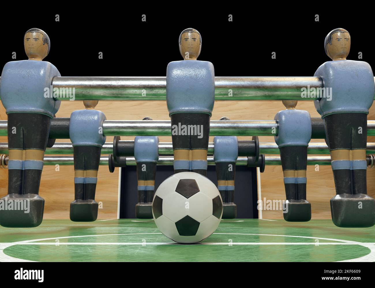 Un lato di un calcio d'epoca o di un tavolo da calcio da tavolo con figure in metallo indossate in stile kit che assomigliano alla nazionale dell'Uruguay - rendering 3D Foto Stock