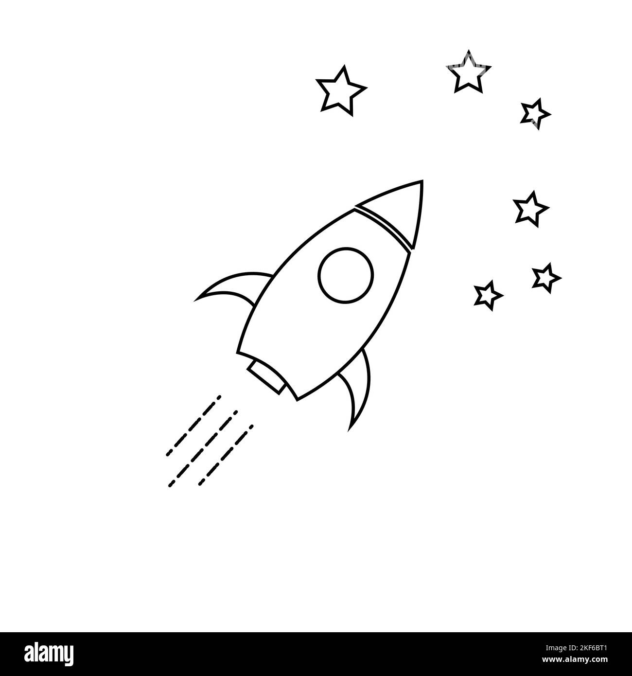 Delineare la nave razzo con il fuoco. Isolato su bianco. Icona linea piatta. Illustrazione vettoriale con razzo volante. Viaggi spaziali. Firma di avvio del progetto. Illustrazione Vettoriale