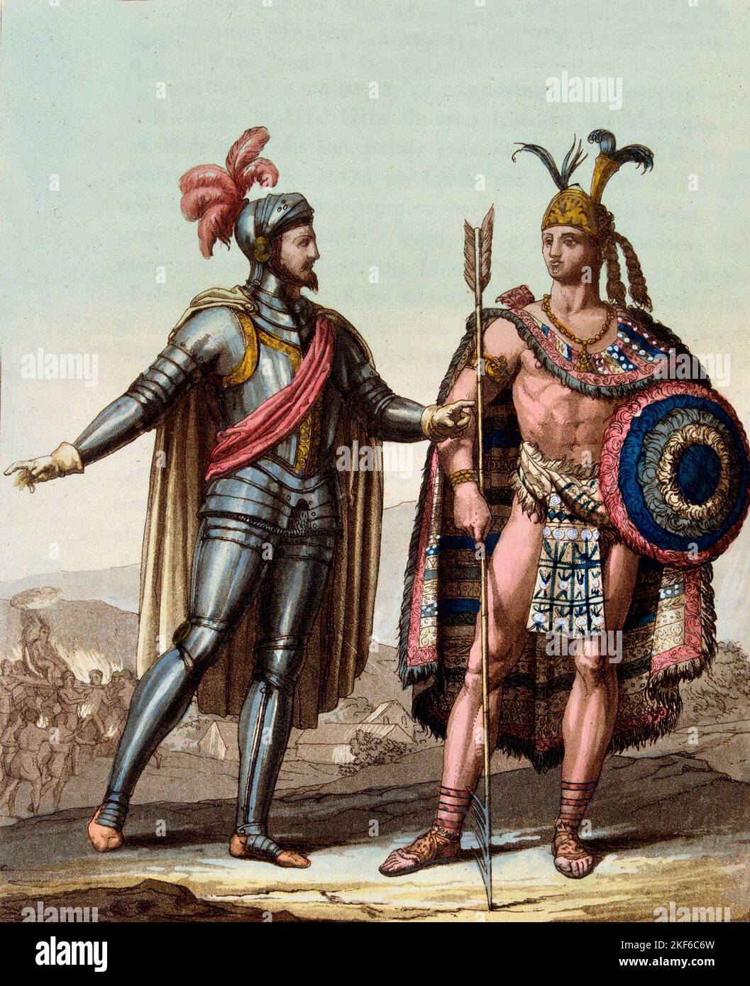 Incontro di Hernando Cortes o Hernand Cortez - Montezuma II, roi azteque, et Hernan (ou Hernando) Cortes ou Fernand Cortez (1485-1547), conquistador espagnol - gravure 'le costume ancien et moderne' par Ferrario, ed. Milano, 1819-20 Foto Stock