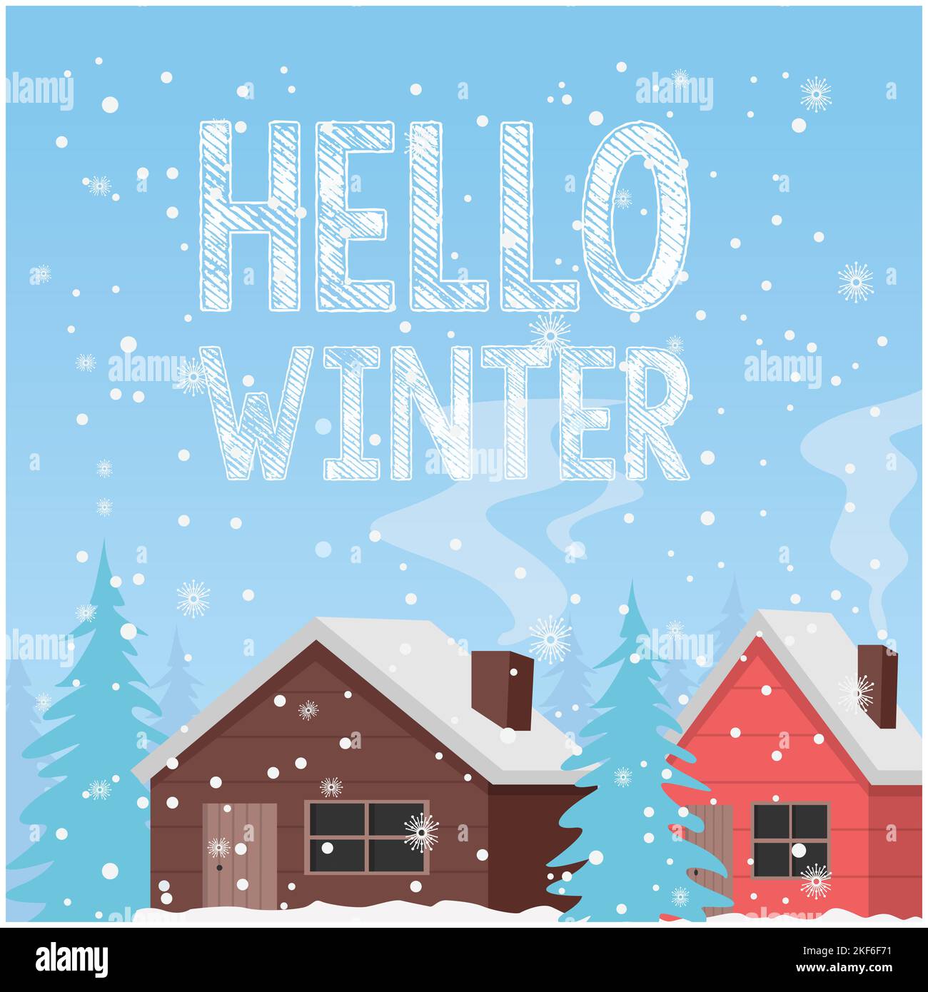 Ciao inverno. Design piatto ciao inverno sfondo immagine vettoriale. Illustrazione del paesaggio invernale. Illustrazione Vettoriale