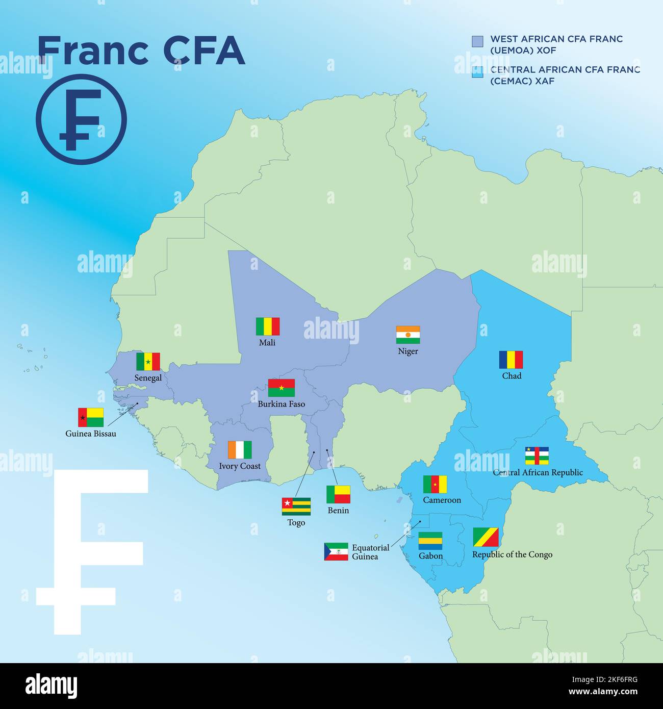 Franco CFA Mappa della zona di valuta africana, illustrazione vettoriale Illustrazione Vettoriale