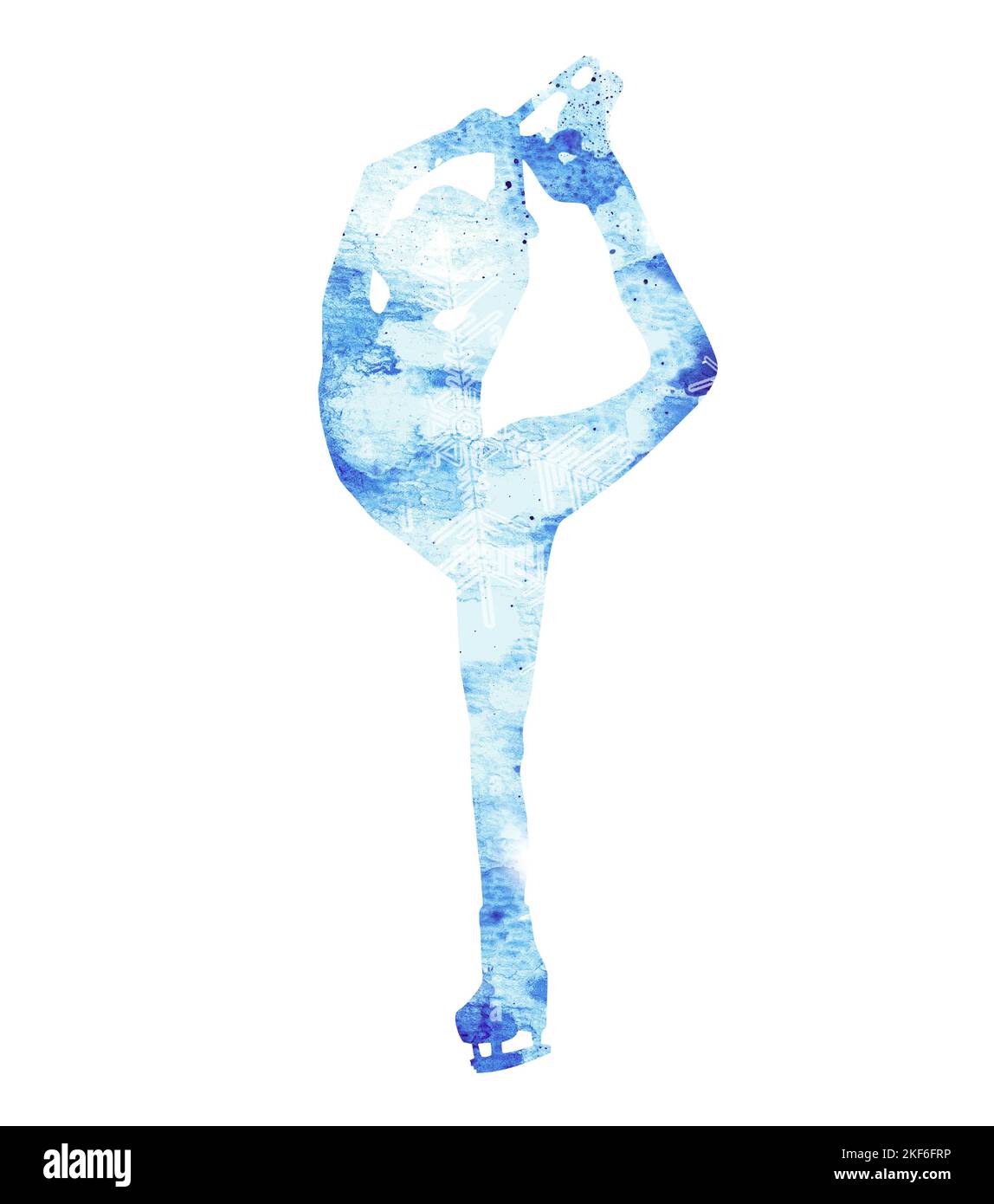 Figura di una giovane atleta che esegue pirouette di pattinaggio su ghiaccio. Taglio di silhouette acquerello su sfondo bianco. Winter Wonderland. Foto Stock