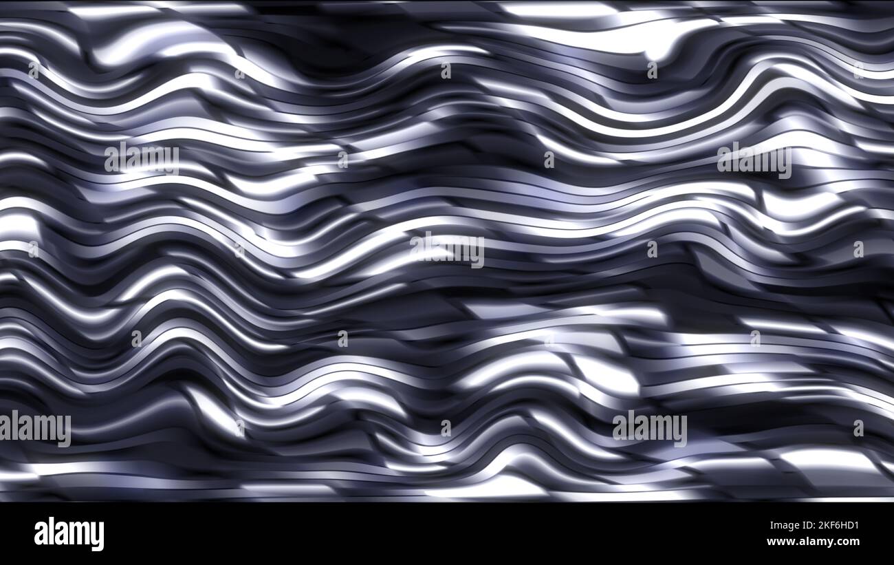Onde grigie orizzontali distorte su sfondo astratto scuro con illustrazione di rendering 3D per concetti di decorazione, tessuto e motivo Foto Stock
