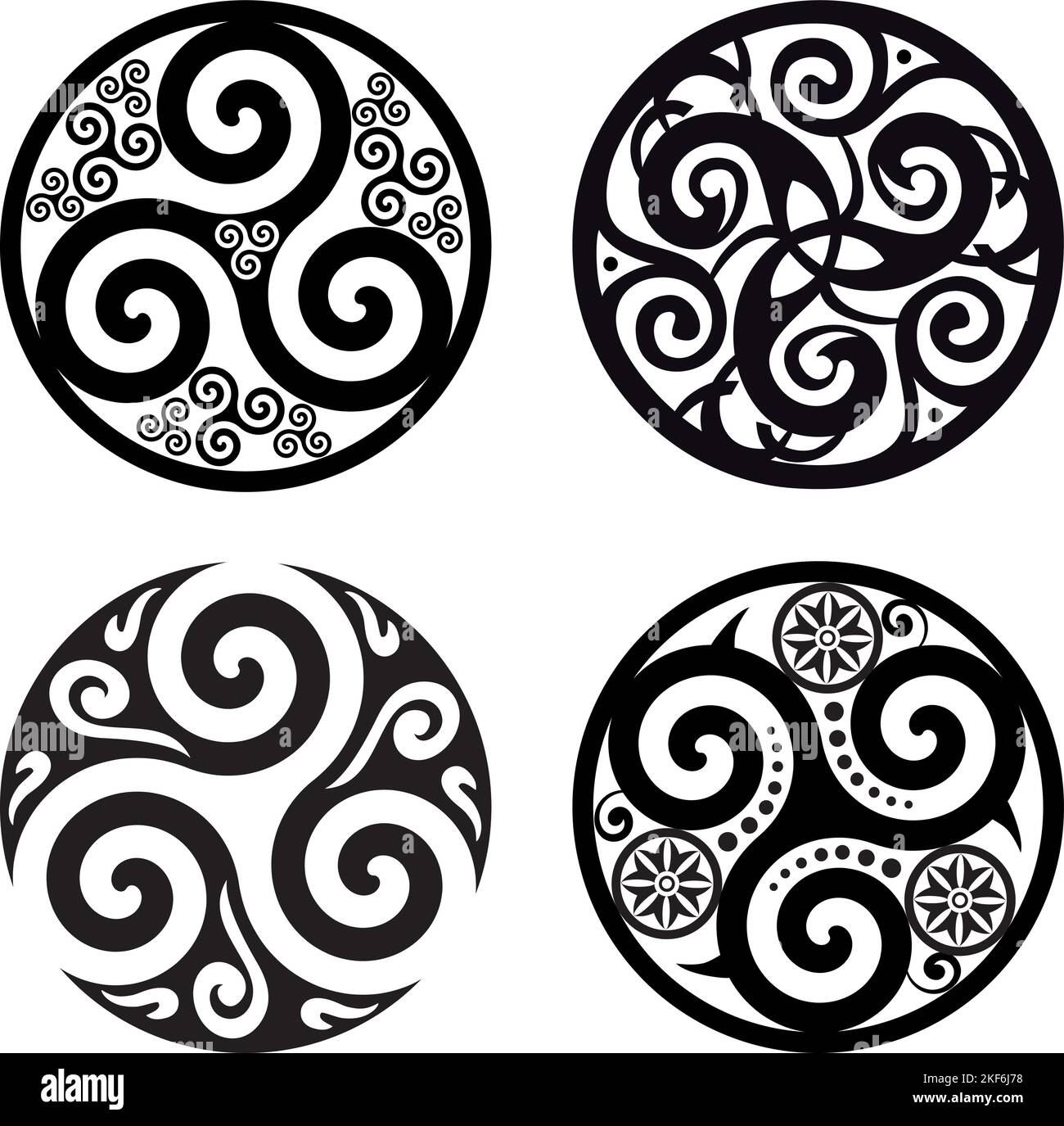 Set di simboli celtici nodi celtici e cerchi di Triskelion Trinità geometria Sacra energia - Bianco e nero Illustrazione Vettoriale