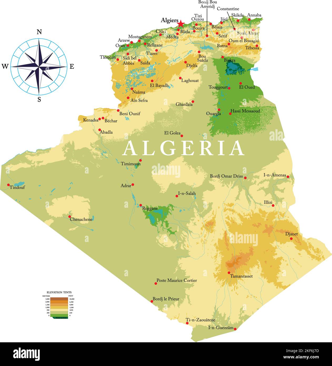 Mappa fisica molto dettagliata dell'Algeria in formato vettoriale, con tutte le forme di rilievo, le regioni e le grandi città. Illustrazione Vettoriale