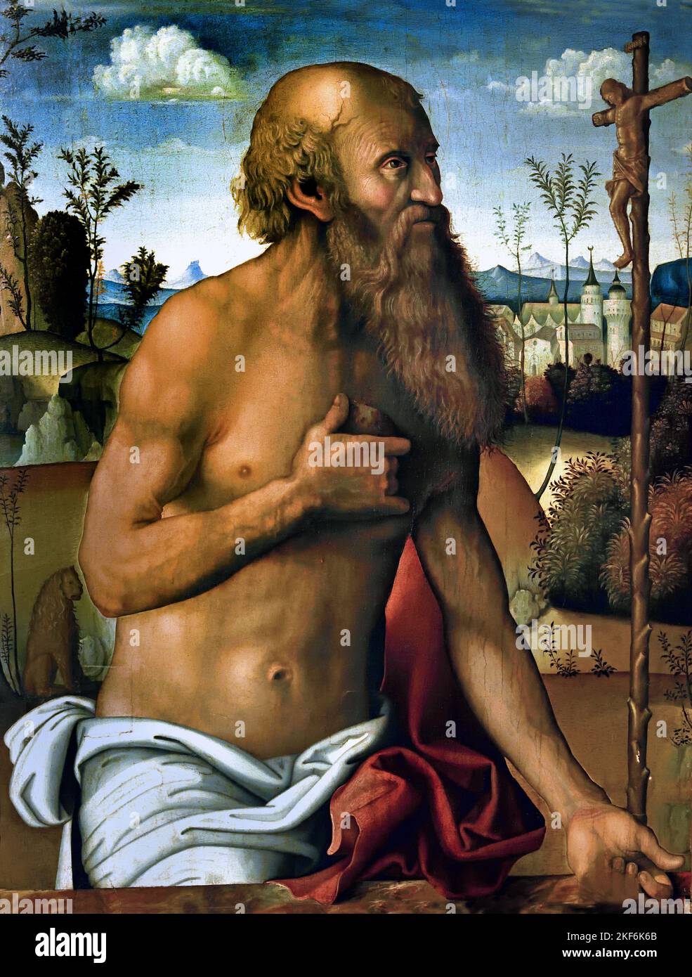 Penitenza di San Girolamo - olio sul pannello 1500-1510 di Marco Meloni 1500-1540, Italia, Italiano, Girolamo, 342 – 347 d.C., Eremita, Dottore, della Chiesa, detto anche Girolamo di Strione, Era un sacerdote, un confessore, un teologo, uno storico, conosciuto come San Girolamo, Foto Stock