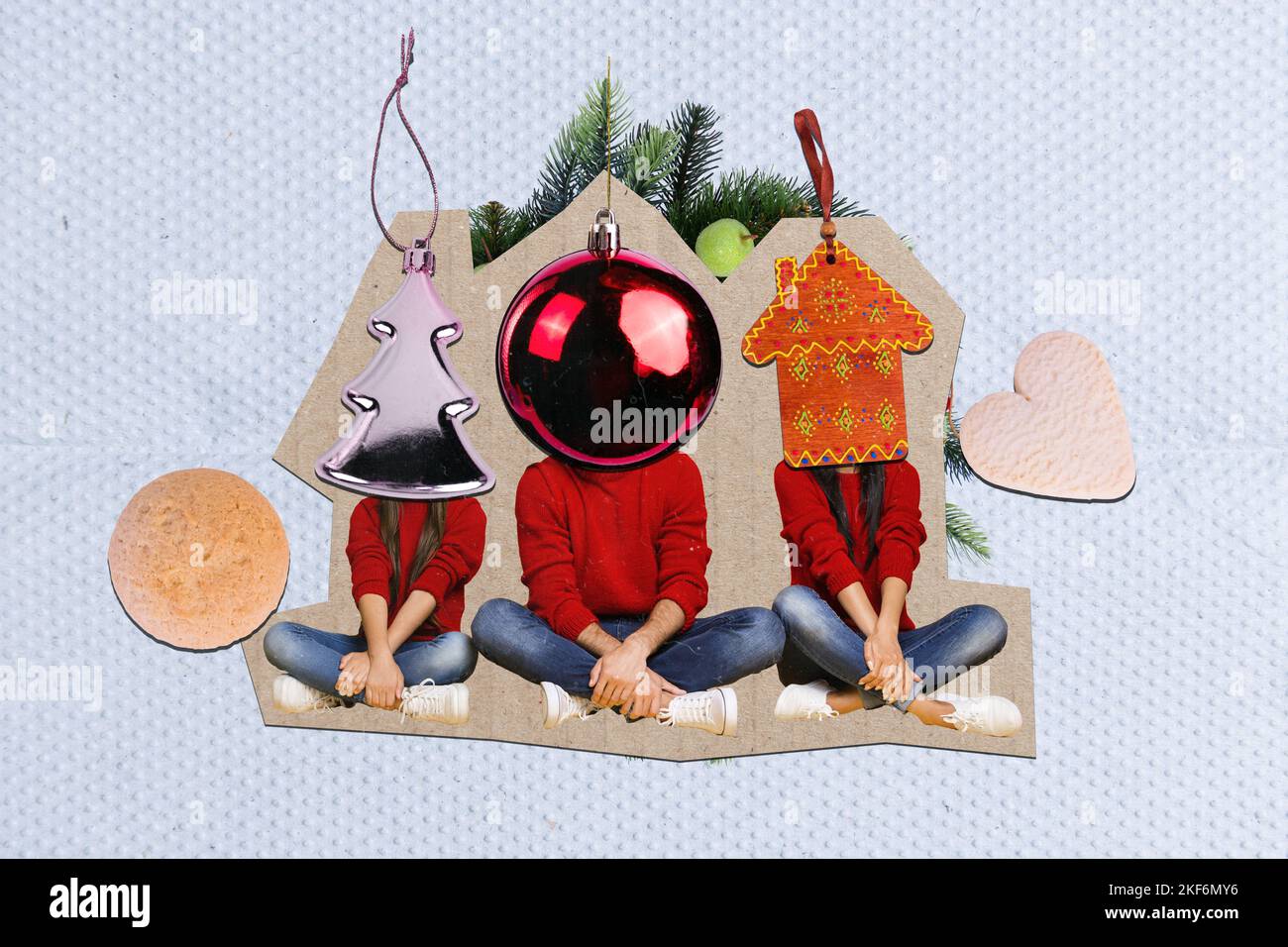 Foto creativa 3D collage illustrazione poster cartolina di persona albero seduta godere giocattoli vacanza invece testa isolata su sfondo pittura Foto Stock