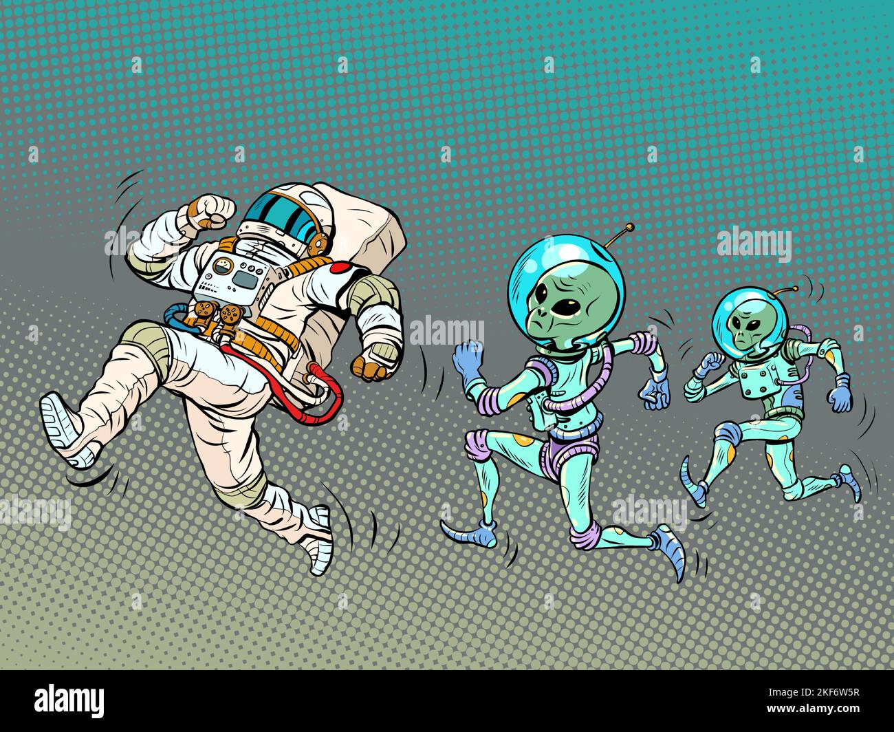 Gli alieni stanno inseguendo un astronauta. Rapimento. UFO e ufologia Illustrazione Vettoriale