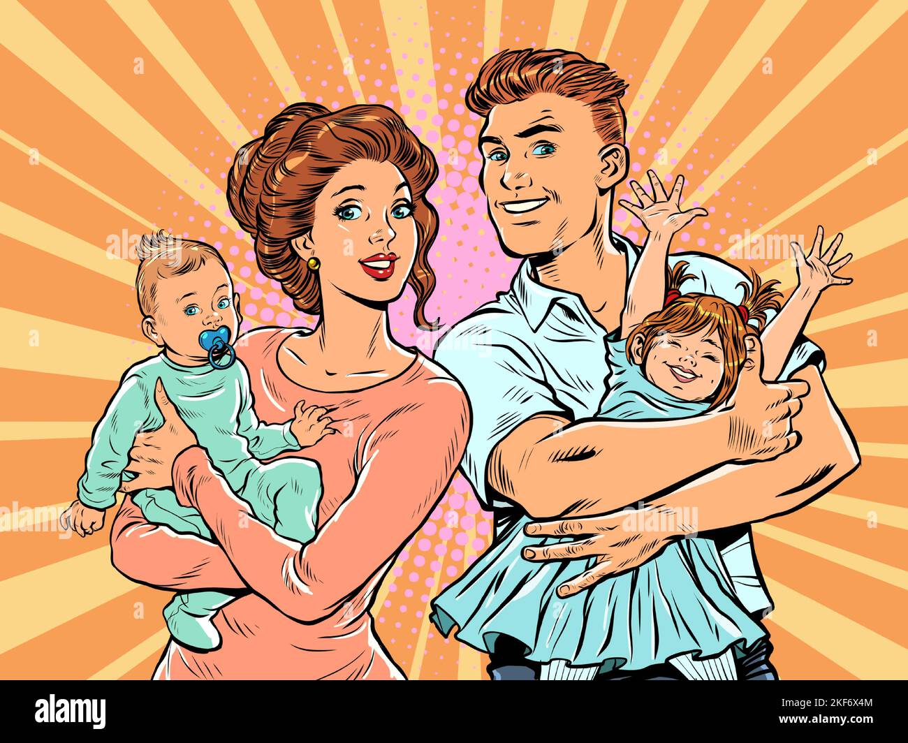 Famiglia mamma e papà con bambini tra le braccia. Pop art retrò illustrazione stile 50s 60s Illustrazione Vettoriale