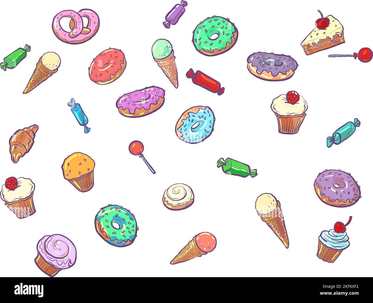 Dolci dolciari caramelle cupcake torta ciambella gelato. Sfondo compleanno Illustrazione Vettoriale