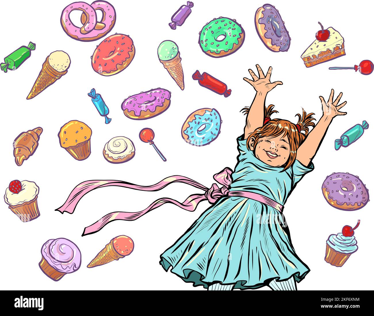 Ragazza felice e gioiosa. Dolci dolciari caramelle cupcake torta ciambella gelato. Sfondo compleanno Illustrazione Vettoriale