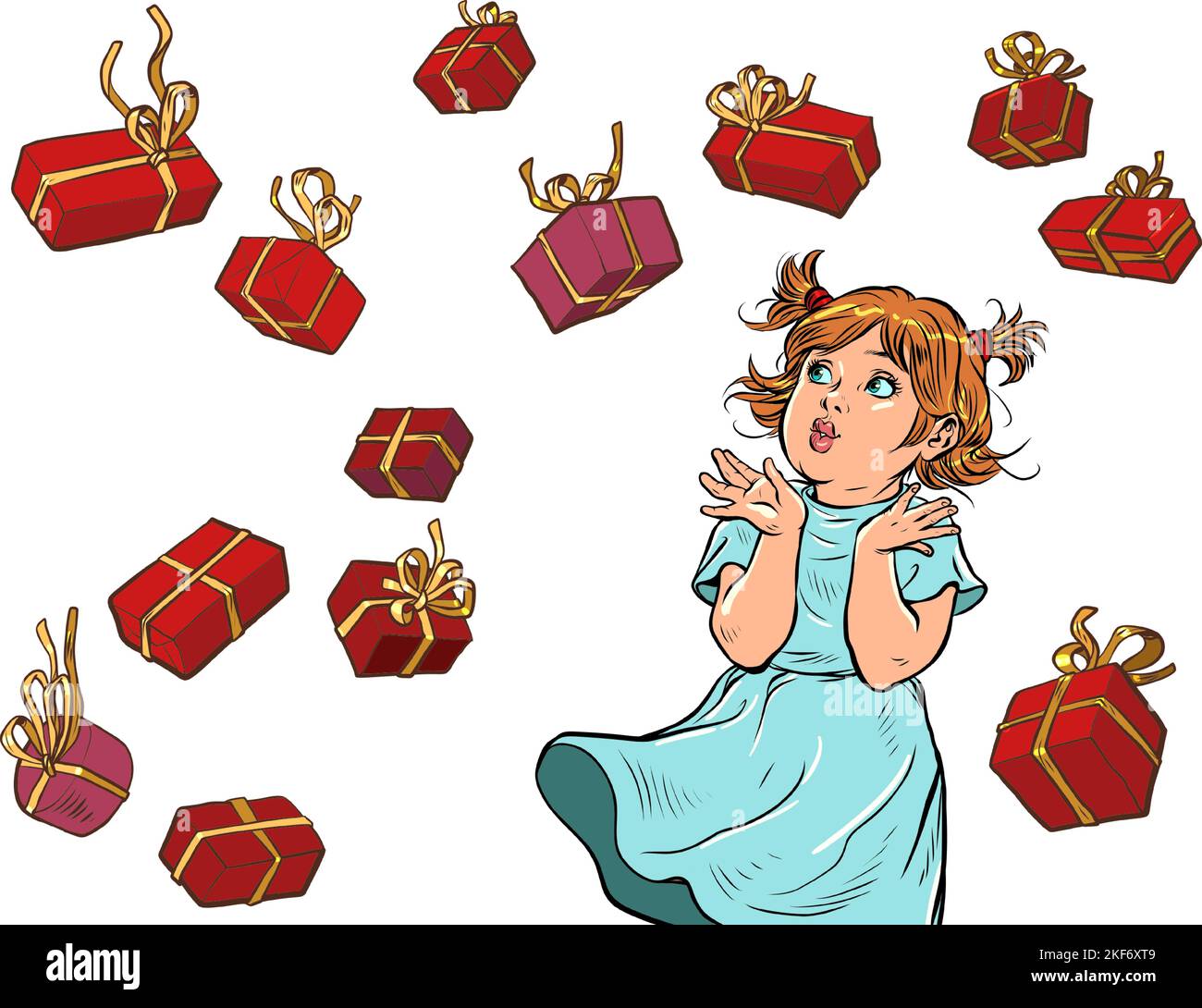 Ragazza felice e gioiosa. Scatole regalo rosse. Compleanno o sfondo di natale Illustrazione Vettoriale