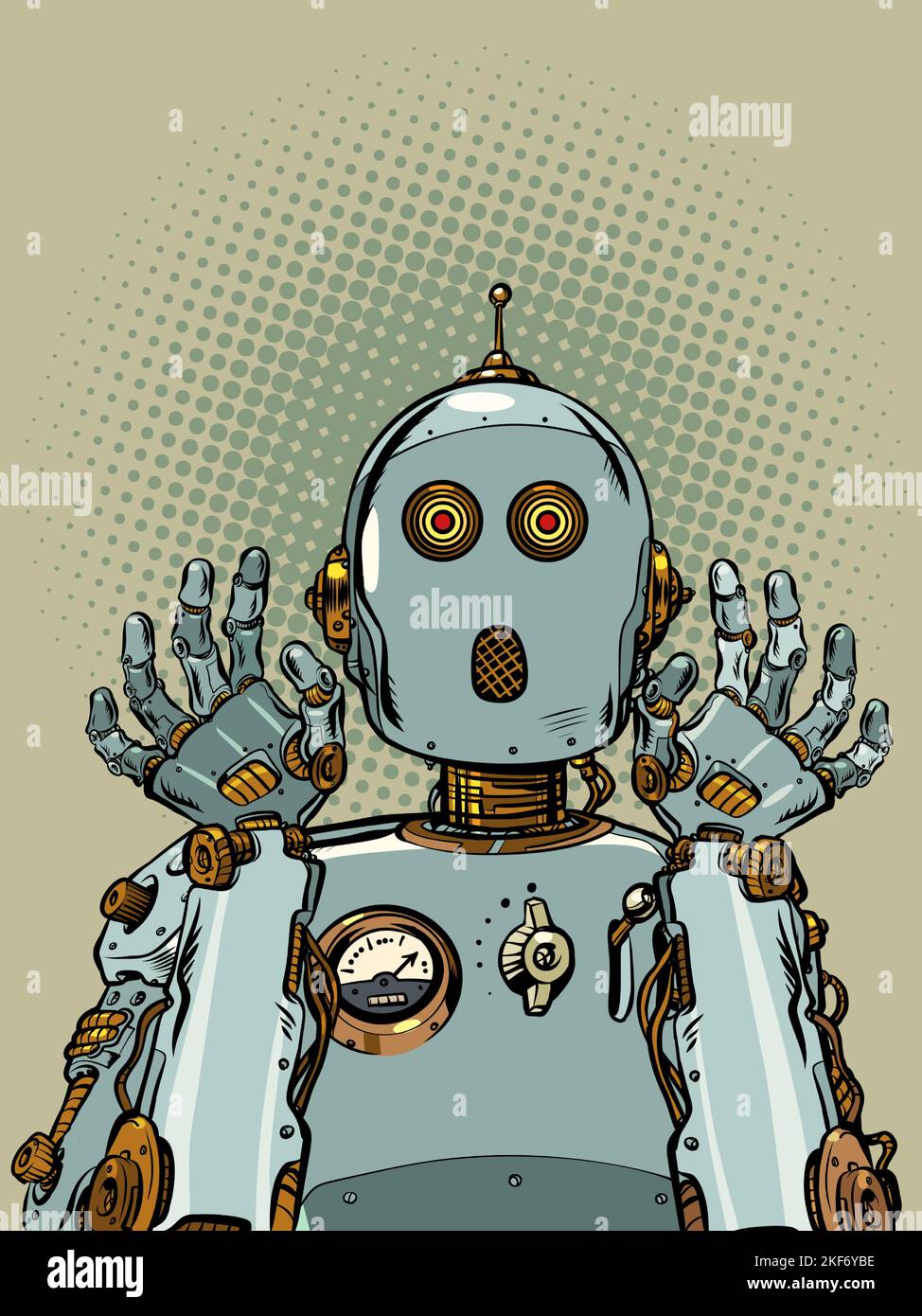 il robot spaventato ha alzato le mani di sorpresa. Emozioni dell'intelligenza artificiale. Meccanismo retrò Illustrazione Vettoriale