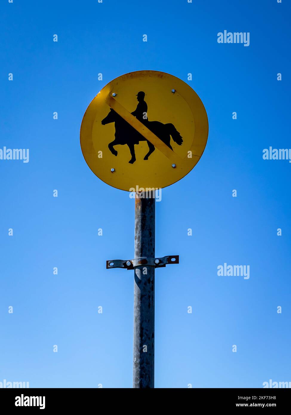 Primo piano di un cartello di divieto di equitazione su uno sfondo blu cielo. Foto Stock