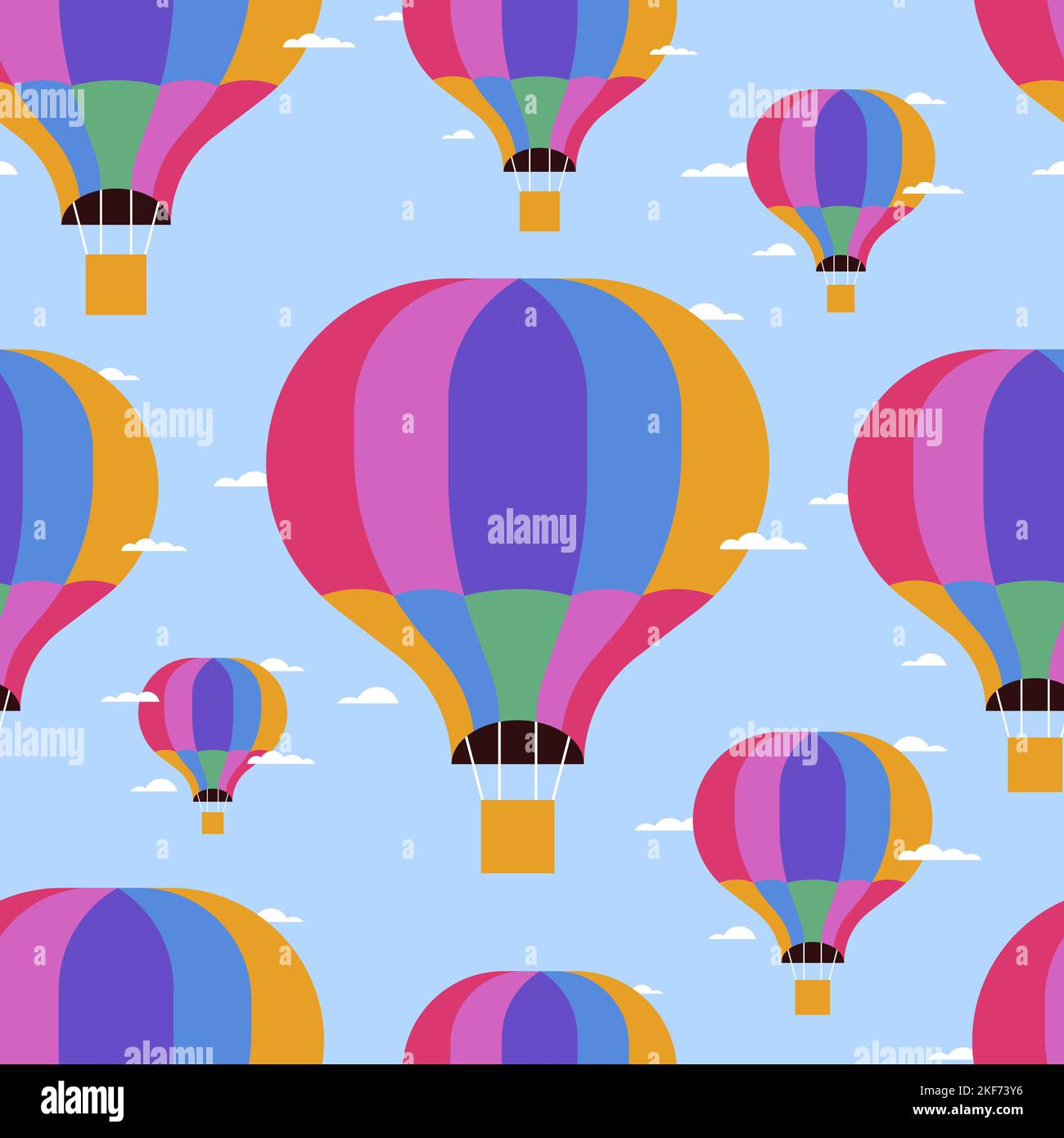 Palloncini colorati ad aria calda sul vettore di pattern senza cuciture cielo blu. Carta da parati, carta da imballaggio, stampa tessile. Illustrazione Vettoriale