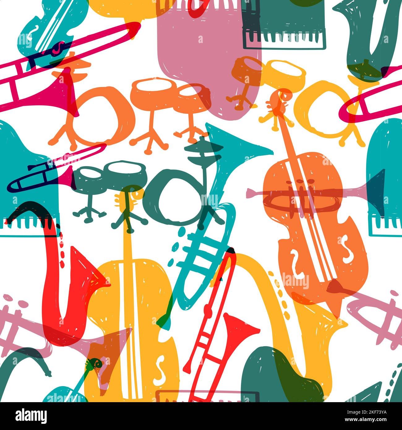 Festival di musica Jazz sfondo senza cuciture pattern. Illustrazione vettoriale dello strumento colorato del fumetto doodle. Include pianoforte, sassofono, tromba e corno Illustrazione Vettoriale