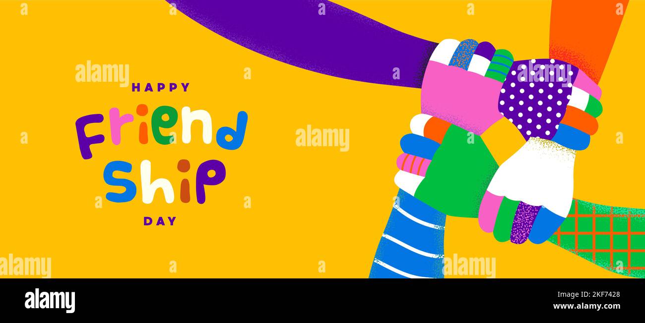 Illustrazione del vettore di biglietto di auguri per il giorno della Findship felice. Mani di amici variegate e colorate che fanno un gesto di Unione. Concetto di diversità culturale ev Illustrazione Vettoriale