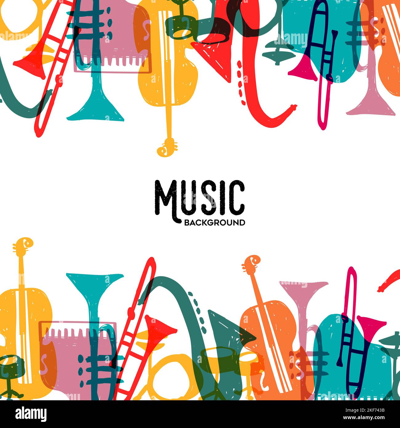 Musica jazz festival sfondo vettoriale. Illustrazione dello strumento colorato del fumetto doodle. Include pianoforte, sassofono, tromba e molto altro. Illustrazione Vettoriale