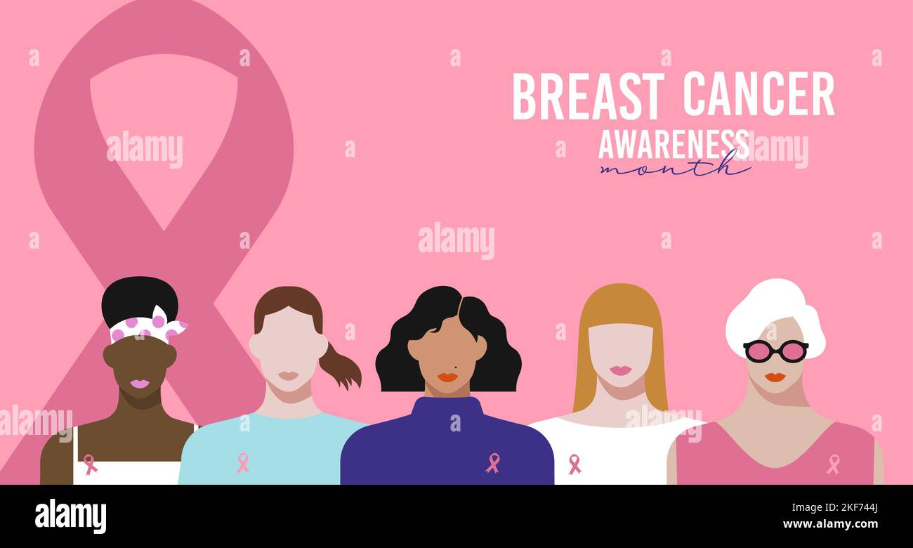 Illustrazione del biglietto di auguri del mese di consapevolezza del cancro al seno. Giovani donne diverse di culture diverse. Moderno cartone animato piatto personaggi femminili insieme fo Illustrazione Vettoriale