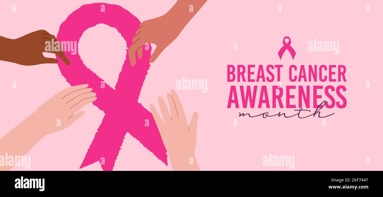 Breast Cancer consapevolezza mese biglietto di auguri illustrazione di diverse mani di donna insieme intorno al simbolo del nastro rosa. Concetto per la prevenzione delle malattie, così Illustrazione Vettoriale