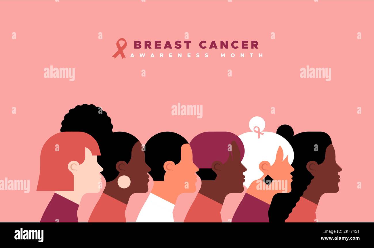 Illustrazione della bandiera del mese di consapevolezza del cancro al seno. Giovani donne diverse di culture diverse. Moderno cartone animato piatto personaggi femminili insieme per malattia Illustrazione Vettoriale