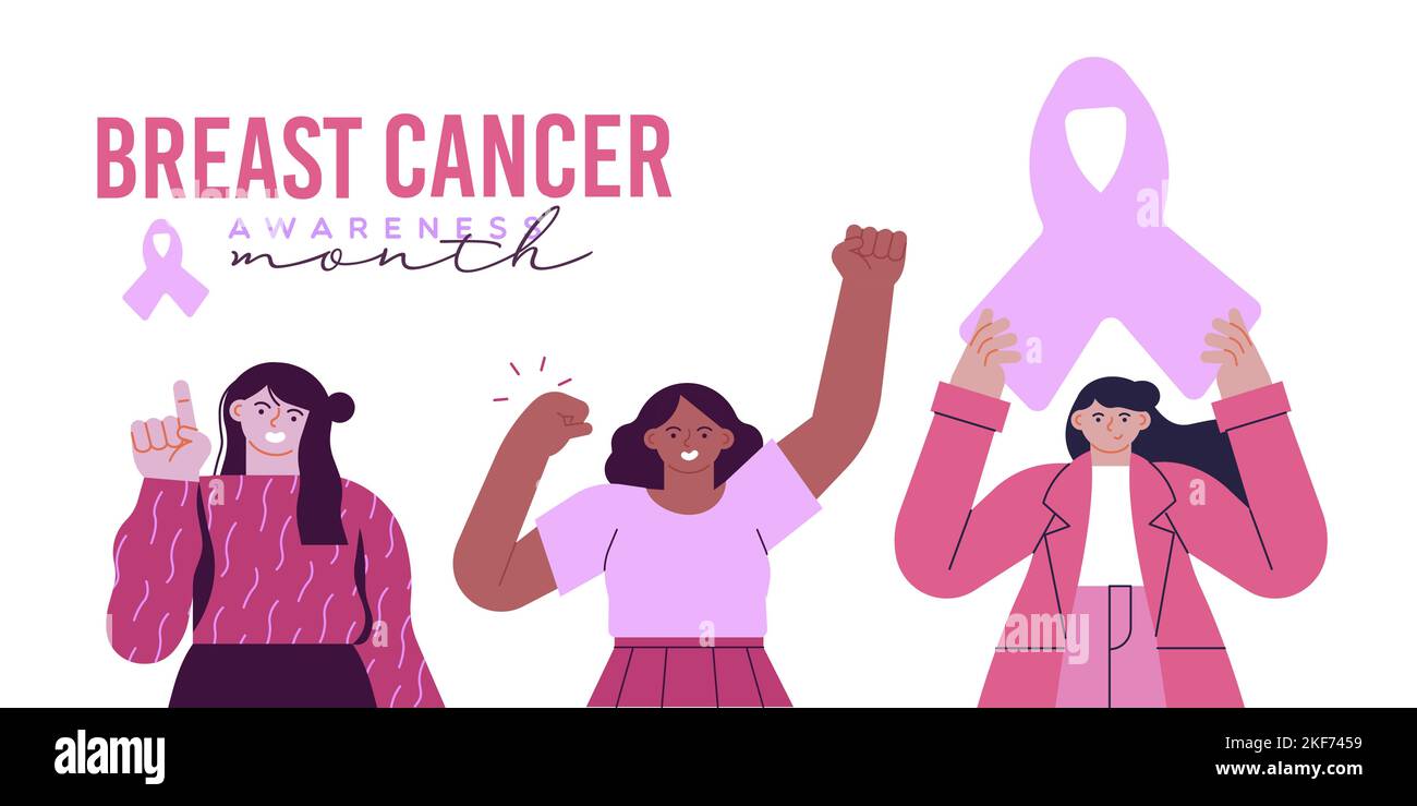 Illustrazione della bandiera del mese di consapevolezza del cancro al seno. Diverse giovani donne insieme alzando mani rosa nastro simbolo. Moderno personaggio di cartoni animati piatti per d Illustrazione Vettoriale