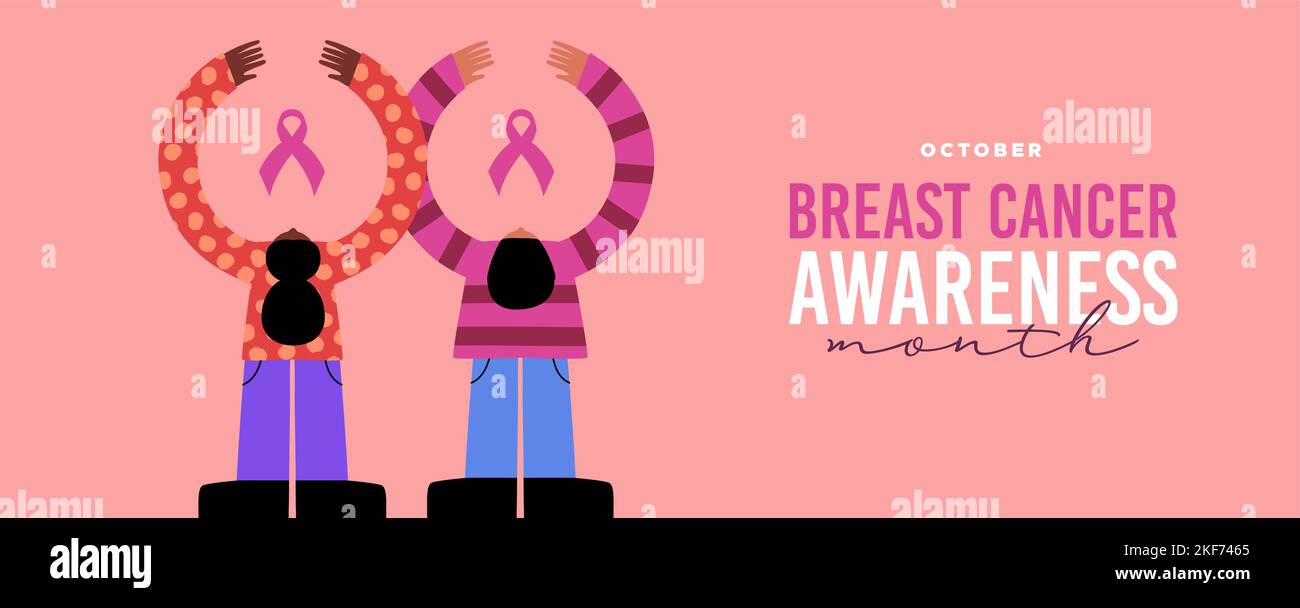 Breast Cancer consapevolezza mese banner illustrazione di diverse giovani donne abbraccio simbolo nastro rosa. Biglietto d'auguri per la prevenzione delle malattie, solidar Illustrazione Vettoriale