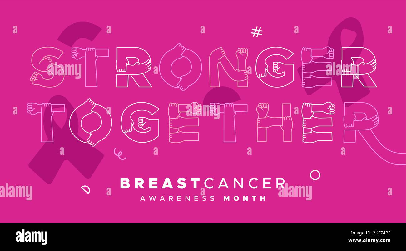 Breast Cancer consapevolezza mese di saluto illustrazione della donna mani rendendo più forte insieme segno di citazione. Moderno cartone animato piatto per le armi di dise Illustrazione Vettoriale