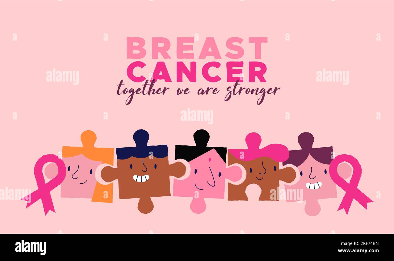 Breast Cancer consapevolezza mese illustrazione di diverse donne amici insieme come puzzle pezzi in stile cartone animato piatto. Concetto per la prevenzione delle malattie, s Illustrazione Vettoriale