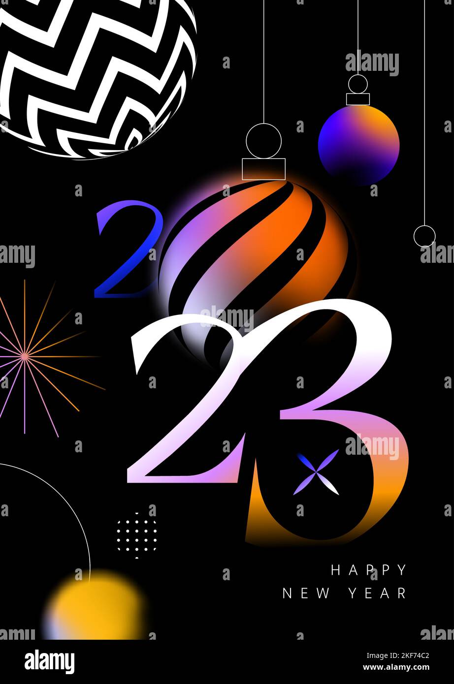 Felice anno nuovo 2023 web template illustrazione in moderno astratto stile geometrico design. Decorazione sfumata sfumata e colorata sul dorso nero Illustrazione Vettoriale