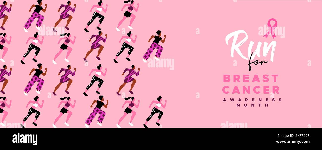 Seno cancro consapevolezza mese saluto sfondo illustrazione scheda di sfondo rosa donne squadra in esecuzione. Gara femminile grande gruppo o donna beneficenza maratona concep Illustrazione Vettoriale