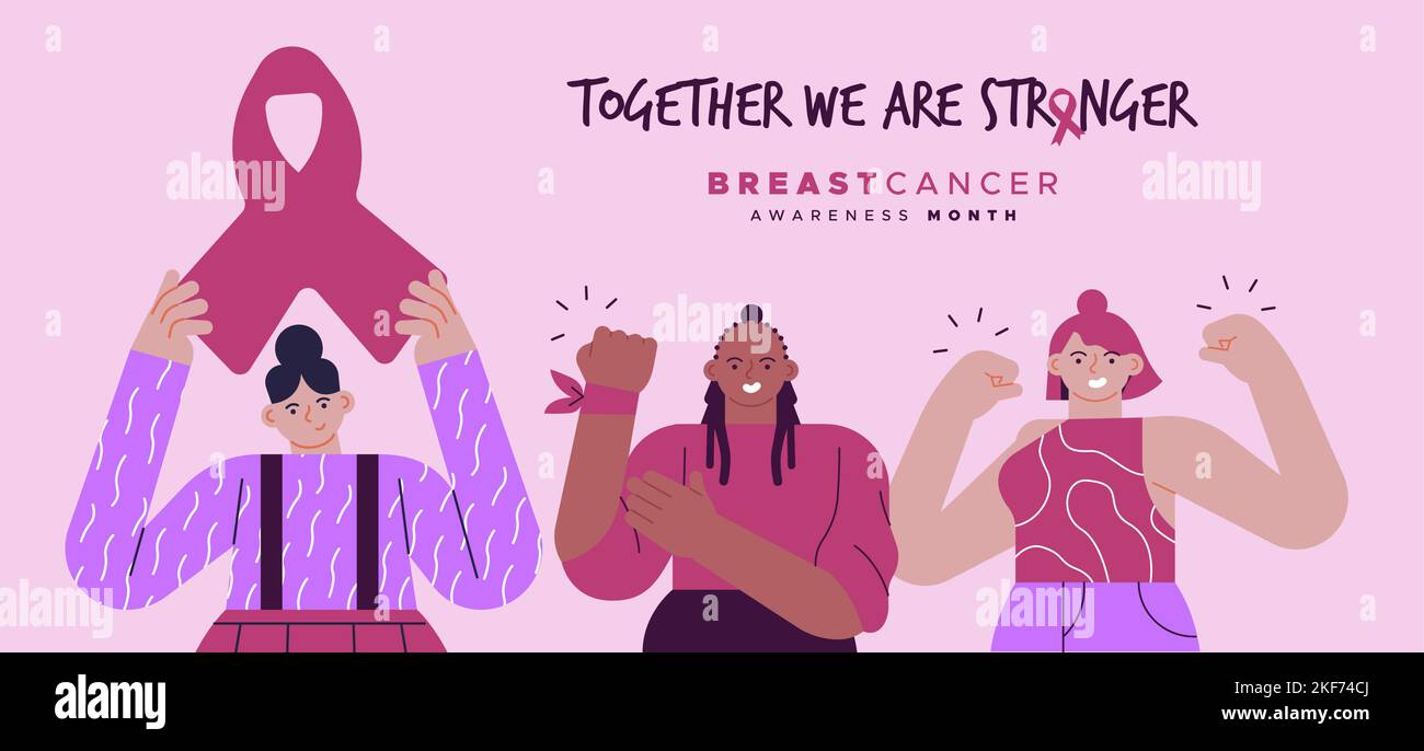 Illustrazione del mese di consapevolezza del cancro al seno. Insieme siamo un segno di citazione più forte. Diverse giovani donne insieme alzando mani rosa nastro simbolo. Moderno Illustrazione Vettoriale
