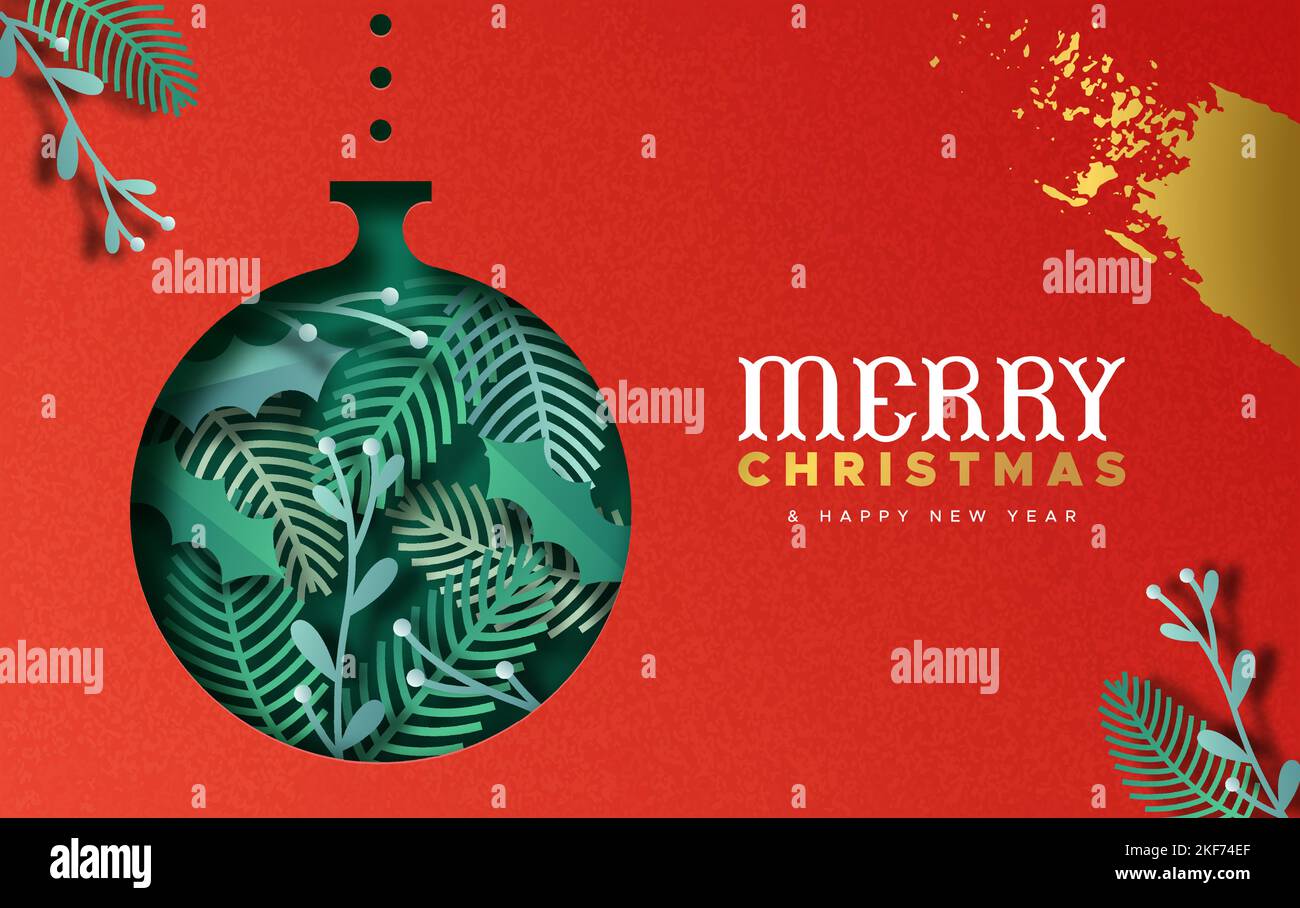 Buon Natale e felice biglietto di auguri di Capodanno illustrazione di carta tagliata 3D baule con la foglia di pianta di festa di inverno all'interno. Elegante e moderno Natale ce Illustrazione Vettoriale