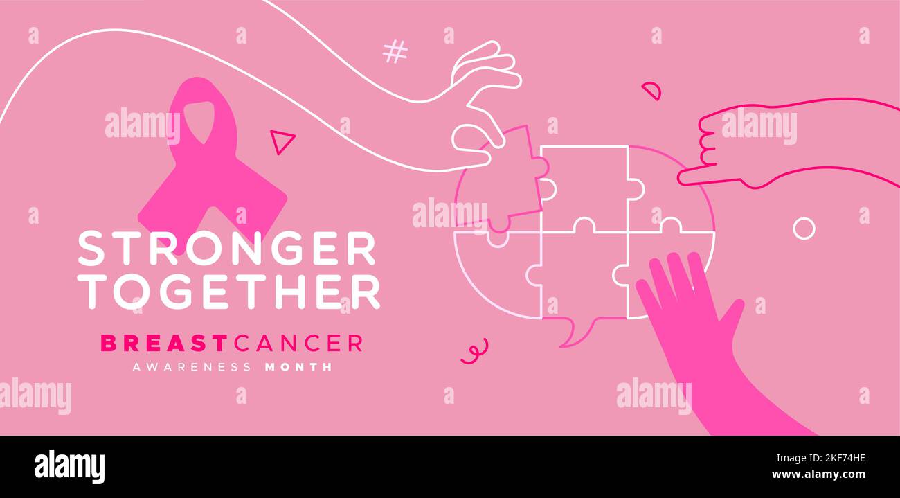 Breast Cancer consapevolezza mese web banner illustrazione di mani di donna mettendo insieme parola bolla puzzle per il concetto di comunicazione. Più forte insieme Illustrazione Vettoriale